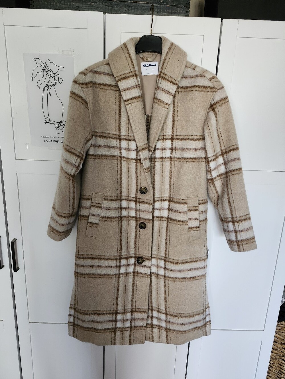 Old Navy Beige Plaid Wool-Blend Long Coat Sz S